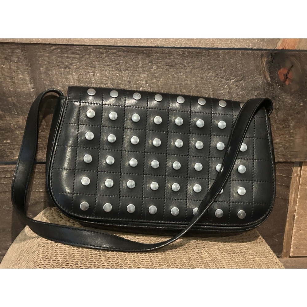 Maxx‎ New York Womens Black Leather Classic Studded Travel Shoulder Bag